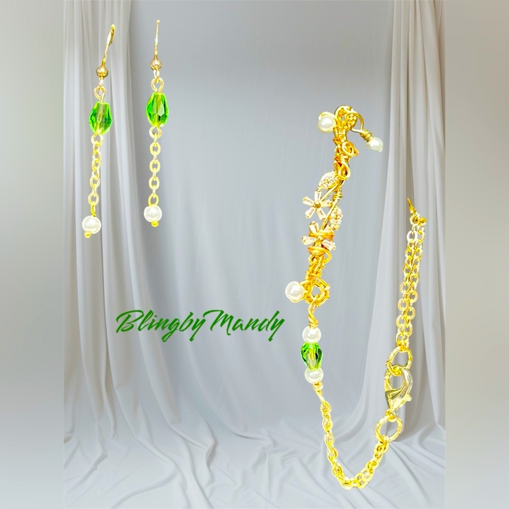 2 pc set green and floral theme-Swarovski and chain link bracelet and earrings